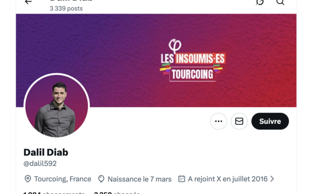 Capture d’écran du compte X.com de Dalil Diab, candidat La France insoumise aux municipales de Tourcoing. (Crédit : X/Dalil Diab) Capture d’écran du compte X.com de Dalil Diab, candidat La France insoumise aux municipales de Tourcoing. (Crédit : X/Dalil Diab)