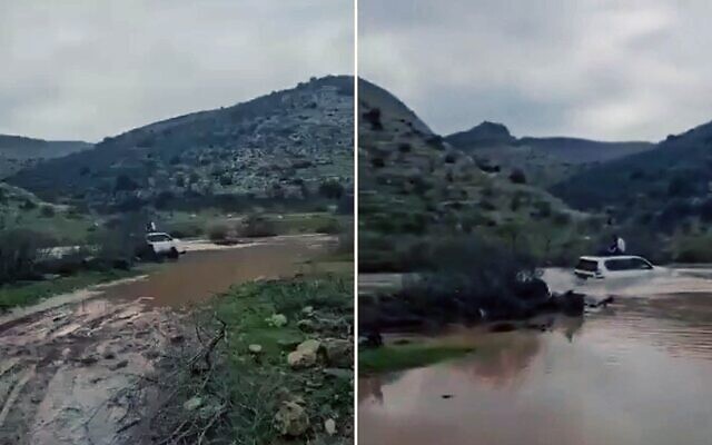 Des personnes assises sur le toit d'une voiture attendent les secours dans la rivière Shiloh, le 2 janvier 2026. (Crédit : Capture d'écran X utilisée conformément à l'article 27a de la loi sur le droit d'auteur) Des personnes assises sur le toit d'une voiture attendent les secours dans la rivière Shiloh, le 2 janvier 2026. (Crédit : Capture d'écran X utilisée conformément à l'article 27a de la loi sur le droit d'auteur)