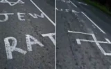 Photo d'illustration : des graffitis antisémites avec les mots "Rat" et "Juif" sont visibles sur une route en Irlande, vers le 31 décembre 2025. (Capture d'écran via X)