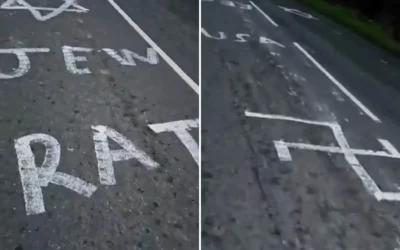 Photo d'illustration : des graffitis antisémites avec les mots "Rat" et "Juif" sont visibles sur une route en Irlande, vers le 31 décembre 2025. (Capture d'écran via X) Photo d'illustration : des graffitis antisémites avec les mots "Rat" et "Juif" sont visibles sur une route en Irlande, vers le 31 décembre 2025. (Capture d'écran via X)