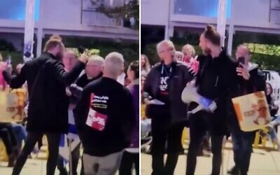 Une altercation lors d'un rassemblement anti-gouvernement au cours duquel un manifestant a été attaqué au gaz poivré, à Tel Aviv, le 10 janvier 2026. (Crédit : Capture d'écran/Chaîne N12)