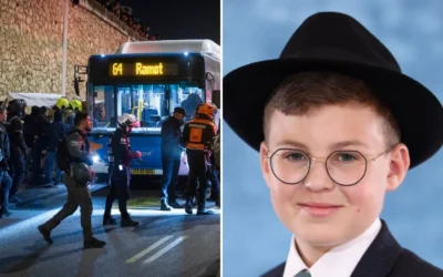 De gauche à droite : les forces de sécurité et de secours près d'un bus qui a renversé des manifestants haredim à Jérusalem, le 6 janvier 2026. (Crédit : Chaim Goldberg/Flash90) ; Yosef Eisenthal, 14 ans, tué dans l'accident. (Crédit : Autorisation)