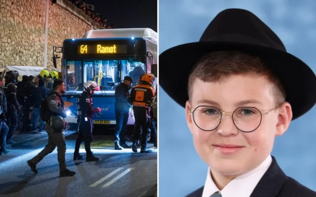 De gauche à droite : les forces de sécurité et de secours près d'un bus qui a renversé des manifestants haredim à Jérusalem, le 6 janvier 2026. (Crédit : Chaim Goldberg/Flash90) ; Yosef Eisenthal, 14 ans, tué dans l'accident. (Crédit : Autorisation)