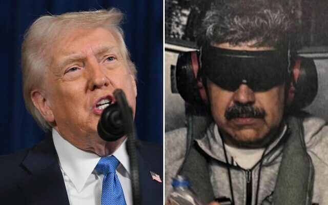 Montage photos (de gauche à droite) : Le président américain Donald Trump s'adressant à la presse après les actions militaires américaines au Venezuela, depuis sa résidence de Mar-a-Lago, à Palm Beach, en Floride, le 3 janvier 2026 ; le dictateur vénézuélien Nicolas Maduro à bord de l'USS Iwo Jima après sa capture par l'armée américaine le 3 janvier 2026. (Crédits : Jim Watson/AFP ; Document fourni/Compte TRUTH Social du président américain Donald Trump/AFP) Montage photos (de gauche à droite) : Le président américain Donald Trump s'adressant à la presse après les actions militaires américaines au Venezuela, depuis sa résidence de Mar-a-Lago, à Palm Beach, en Floride, le 3 janvier 2026 ; le dictateur vénézuélien Nicolas Maduro à bord de l'USS Iwo Jima après sa capture par l'armée américaine le 3 janvier 2026. (Crédits : Jim Watson/AFP ; Document fourni/Compte TRUTH Social du président américain Donald Trump/AFP)