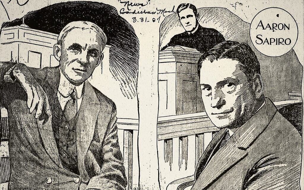 Croquis politique illustrant le procès opposant Aaron Sapiro (à droite) à Henry Ford. (Crédit : Gaylen Ross et Carol King) Croquis politique illustrant le procès opposant Aaron Sapiro (à droite) à Henry Ford. (Crédit : Gaylen Ross et Carol King)