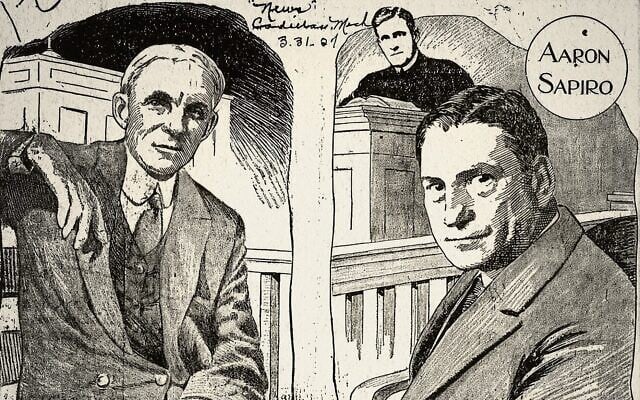 Croquis politique illustrant le procès opposant Aaron Sapiro (à droite) à Henry Ford. (Crédit : Gaylen Ross et Carol King)