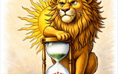 Une caricature représentant un lion et un soleil, montrant la patte du lion posée sur un sablier dont la base arbore l’emblème du drapeau actuel de l’Iran, diffusée sur le compte en farsi du ministère israélien des Affaires étrangères. (Crédit : Capture d'écran/X)