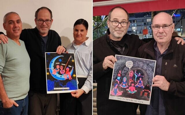 Montage photos (de gauche à droite) : L'illustrateur Zeev Engelmayer (au centre) avec les parents de Tal Keren, tué par des terroristes du Hamas alors qu'il pêchait sur la plage de Zikim le 7 octobre 2023 ; Engelmayer (à gauche) avec le père de Carmel Gat, pris en otage au kibboutz Beeri le 7 octobre 2023 et exécutée par ses geôliers fin août 2024. (Crédits : Tamar Engelmayer ; avec l'aimable autorisation) Montage photos (de gauche à droite) : L'illustrateur Zeev Engelmayer (au centre) avec les parents de Tal Keren, tué par des terroristes du Hamas alors qu'il pêchait sur la plage de Zikim le 7 octobre 2023 ; Engelmayer (à gauche) avec le père de Carmel Gat, pris en otage au kibboutz Beeri le 7 octobre 2023 et exécutée par ses geôliers fin août 2024. (Crédits : Tamar Engelmayer ; avec l'aimable autorisation)