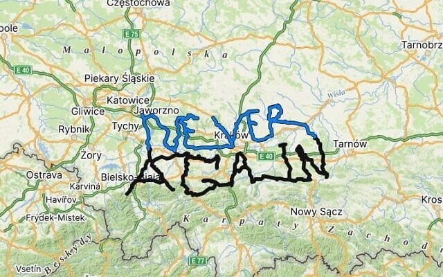 Le parcours de 1 000 kilomètres du cycliste Lukáš Klement en Pologne formant les mots « Plus jamais ça », en janvier 2026. (Crédit : Zaka Search and Rescue) Le parcours de 1 000 kilomètres du cycliste Lukáš Klement en Pologne formant les mots « Plus jamais ça », en janvier 2026. (Crédit : Zaka Search and Rescue)