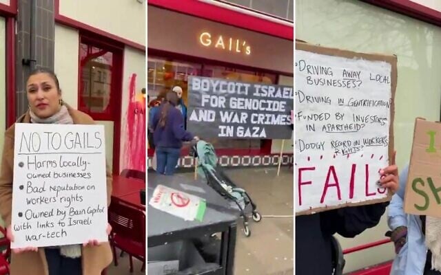 Des manifestants anti-Israël devant la boulangerie Gail's Bakery, dans le nord de Londres. (Crédit : Captures d'écran/X ; utilisée conformément à la clause 27a de la loi sur le droit d'auteur)