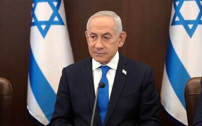 Le Premier ministre Benjamin Netanyahu s'exprimant lors d'une réunion du cabinet, le 22 février 2025. (Crédit : Capture d'écran/Bureau de la presse gouvernementale) Le Premier ministre Benjamin Netanyahu s'exprimant lors d'une réunion du cabinet, le 22 février 2025. (Crédit : Capture d'écran/Bureau de la presse gouvernementale)