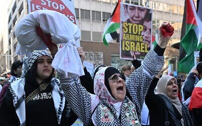 Des manifestants participant à un rassemblement anti-Israël, dans le quartier des affaires de Sydney, le 31 août 2025. (Crédit : Saeed Khan/AFP)