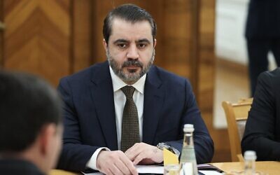 Asaad al-Shaibani, ministre syrien des Affaires étrangères et des Expatriés, participant à une réunion à Moscou le 24 décembre 2025. (Crédit : Ministère russe des Affaires étrangères/AFP)