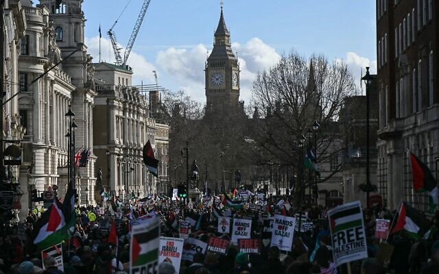 Des manifestants brandissant des pancartes et agitant des drapeaux "palestiniens" lors d'une manifestation anti-Israël, dans le centre-ville de Londres, le 31 janvier 2026. (Crédit : Justin Tallis/AFP)