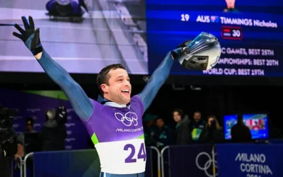 L'athlète israélien Jared Firestone après sa descente en skeleton masculin 4 au Cortina Sliding Center, lors des JO d'hiver Milano Cortina 2026 à Cortina d'Ampezzo le 13 février 2026. (Stefano RELLANDINI / AFP)
