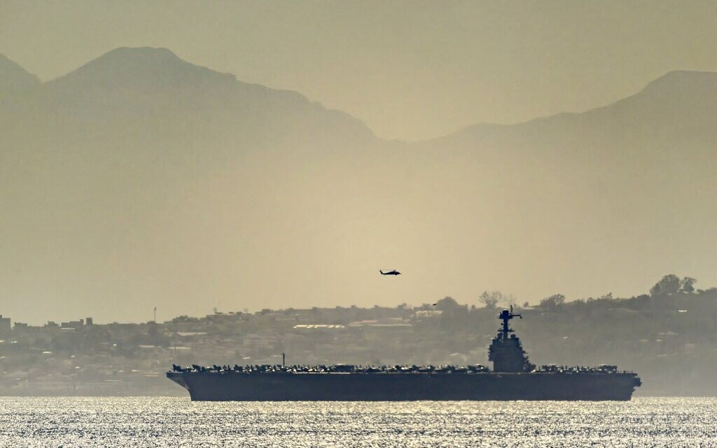 Le porte-avions américain USS Gerald Ford traversant le détroit de Gibraltar, vu depuis Gibraltar, sur une photo diffusée le 20 février 2026.(Crédit : David Parody/DM Parody/AFP) Le porte-avions américain USS Gerald Ford traversant le détroit de Gibraltar, vu depuis Gibraltar, sur une photo diffusée le 20 février 2026.(Crédit : David Parody/DM Parody/AFP)