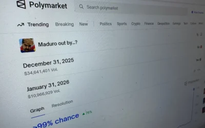 Le site internet Polymarket, sur un écran d'ordinateur, à New York, le 11 janvier 2026. (Crédit : Wyatte Grantham-Philips/AP)
