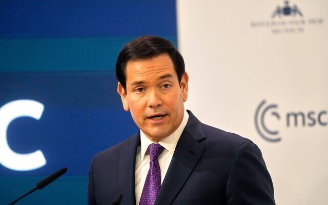 Le secrétaire d'État des États-Unis Marco Rubio s'exprimant lors de la Conférence sur la sécurité de Munich, en Allemagne, le 14 février 2026. (Crédit : Michael Probst/AP) Le secrétaire d'État des États-Unis Marco Rubio s'exprimant lors de la Conférence sur la sécurité de Munich, en Allemagne, le 14 février 2026. (Crédit : Michael Probst/AP)