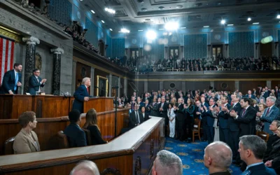 Le président américain Donald Trump prononçant le discours sur l'état de l'Union devant une session conjointe du Congrès dans la salle de la Chambre des représentants, au Capitole à Washington, le 24 février 2026. (Crédit : Kenny Holston/The New York Times via AP, Pool)