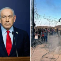 Montage photos (de gauche à droite) : Le Premier ministre Benjamin Netanyahu tenant une conférence de presse, à Jérusalem, le 27 janvier 2026 ; des Gazaouis pénétrant en Israël depuis Gaza en franchissant la barrière frontalière, le 7 octobre 2023. (Crédits : Noam Revkin Fenton/POOL ; Mohammed Fayq Abu Mostafa/REUTERS)