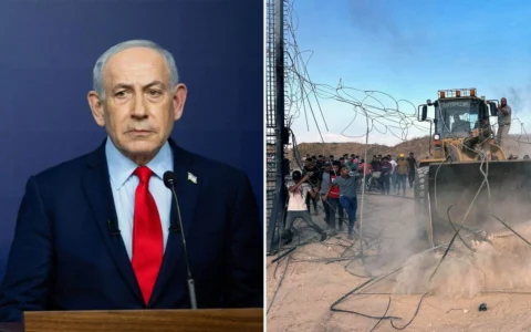 Montage photos (de gauche à droite) : Le Premier ministre Benjamin Netanyahu tenant une conférence de presse, à Jérusalem, le 27 janvier 2026 ; des Gazaouis pénétrant en Israël depuis Gaza en franchissant la barrière frontalière, le 7 octobre 2023. (Crédits : Noam Revkin Fenton/POOL ; Mohammed Fayq Abu Mostafa/REUTERS)