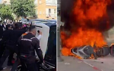 La police remettant en place une voiture de police qui a été renversée par une foule qui a poursuivi deux soldates de l'armée israélienne et incendié une moto de police, dans la ville ultra-orthodoxe de Bnei Brak, le 15 février 2026. (Crédit : David Keshet/X ; utilisée conformément à la clause 27a de la loi sur le droit d'auteur)