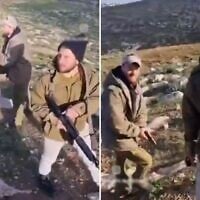Captures d'écran d'une vidéo montrant semble-t-il des résidents d'implantations armant leurs fusils lors d'une attaque contre Huwara, un village faisant partie du groupe de hameaux Masafer Yatta près de Hébron, le 3 février 2026. (Crédit : Réseaux sociaux ; utilisée conformément à la clause 27a de la loi sur le droit d'auteur)