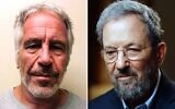 Cette photo fournie par le registre des délinquants sexuels de l'État de New York montre le financier déchu Jeffrey Epstein (à gauche), le 28 mars 2017. (Crédit : Registre des délinquants sexuels de l'État de New York via AP) ; l'ancien Premier ministre Ehud Barak lors d'une interview avec la chaîne d'information N12 diffusée le 12 février 2026. (Crédit : Capture d'écran/N12)