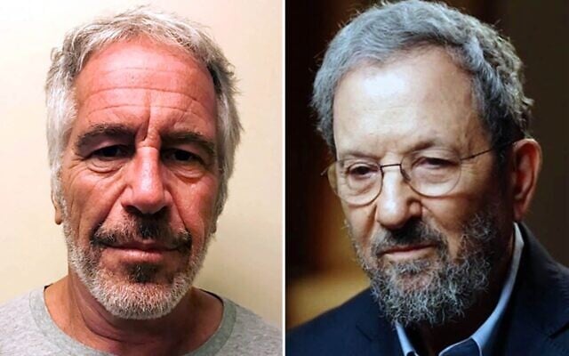Cette photo fournie par le registre des délinquants sexuels de l'État de New York montre le financier déchu Jeffrey Epstein (à gauche), le 28 mars 2017. (Crédit : Registre des délinquants sexuels de l'État de New York via AP) ; l'ancien Premier ministre Ehud Barak lors d'une interview avec la chaîne d'information N12 diffusée le 12 février 2026. (Crédit : Capture d'écran/N12)