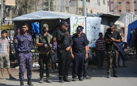 Les forces de police du Hamas se déploient dans la ville de Gaza le 11 octobre 2025. (Crédit : Ali Hassan/ Flash90)