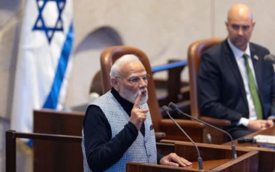 Le Premier ministre indien Narendra Modi au Parlement israélien à Jérusalem lors de sa visite officielle en Israël le 25 février 2026. (Crédit : Yonatan Sindel/Flash90) Le Premier ministre indien Narendra Modi au Parlement israélien à Jérusalem lors de sa visite officielle en Israël le 25 février 2026. (Crédit : Yonatan Sindel/Flash90)