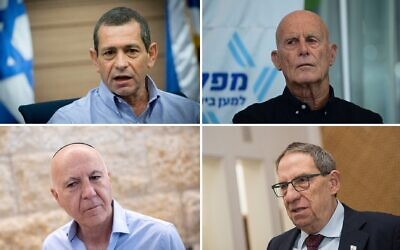 Montage photos (de gauche à droite dans le sens des aiguilles d'une montre) : Nadav Argaman, à la Knesset, le 6 novembre 2018 ; Ami Ayalon, le 27 mars 2023 ; Yoram Cohen, à Jérusalem, le 8 avril 2025 ; Carmi Gillon, à Jérusalem, le 31 décembre 2019. (Crédits : Hadas Parush/Flash90 ; Tomer Neuberg/FLASH90 ; Chaïm Goldberg/FLASH90 ; Yonatan Sindel/Flash90)