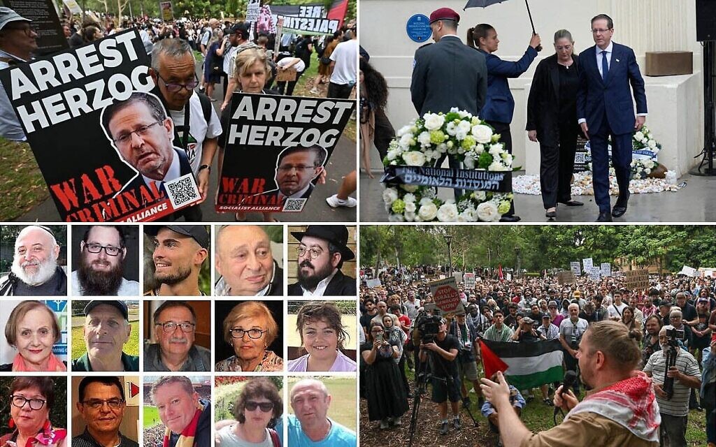 En haut à gauche et en bas à droite : Manifestants anti-Israël devant un commissariat de police à Surry Hills, à Sydney, le 10 février 2026 (Credit : Saeed KHAN/AFP). En haut à droite : Le président Isaac Herzog et son épouse Michal visitent Bondi Beach, à Sydney, où deux terroristes islamistes ont tué 15 personnes lors d’un événement de Hanoukka le 14 décembre 2025 (Credit : Rick Rycroft/AP). En bas à gauche : les 15 victimes du massacre (Credit : Image composite/Times of Israel/Réseaux sociaux ; utilisées conformément à la clause 27a de la loi sur le droit d’auteur)