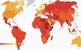 Carte mondiale de l'indice de perception de la corruption 2025, publiée en février 2026. L'échelle de couleurs va de « très corrompu » (rouge foncé) à « très propre » (jaune). (Crédit : Transparency International)