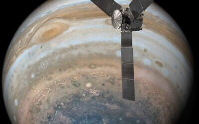 Juno en orbite au-dessus du pôle sud de Jupiter. (Visualisation/Autorisation de la NASA)