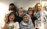 Samuel Corner (à l’extrême-droite) et d’autres activistes de Palestine Action : Jordan Devlin, Leona Kamio, Charlotte Head, Fatema Rajwani et Zoe Rogers. (Crédit : Réseaux sociaux ; utilisée en vertu de l’article 27a de la loi israélienne sur le droit d’auteur)