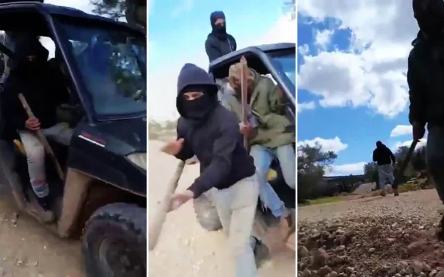 Un agresseur masqué, armé de matraques, s'approche d'un militant israélien des droits de l'homme, hors caméra, à Qusra, dans le nord de la Cisjordanie, le 27 février 2026. (Crédit : Captures d'écran/X/Looking the Occupation in the Eyes) Un agresseur masqué, armé de matraques, s'approche d'un militant israélien des droits de l'homme, hors caméra, à Qusra, dans le nord de la Cisjordanie, le 27 février 2026. (Crédit : Captures d'écran/X/Looking the Occupation in the Eyes)