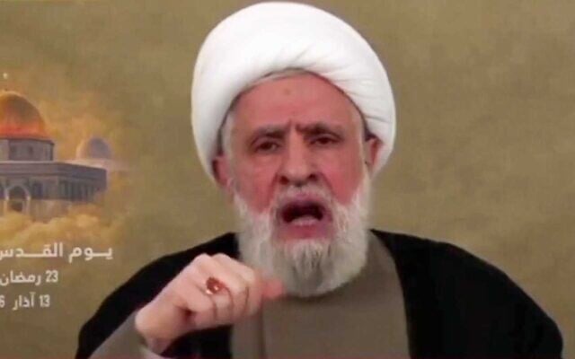 Le dirigeant du Hezbollah, Naim Qassem, prononce un discours télévisé au Liban, le 13 mars 2026. (Crédit : Capture d'écran)