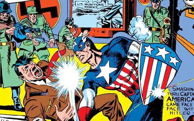 La couverture du premier numéro de « Captain America », avec le super-héros frappant Adolf Hitler. (Crédit : Jack Kirby, Joe Simon/Marvel Comics)