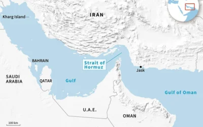 Une carte du Golfe indiquant le détroit d'Ormuz et les ports de Jask et de l'île de Kharg en Iran. (Crédit : Laurence Saubadu/AFP)
