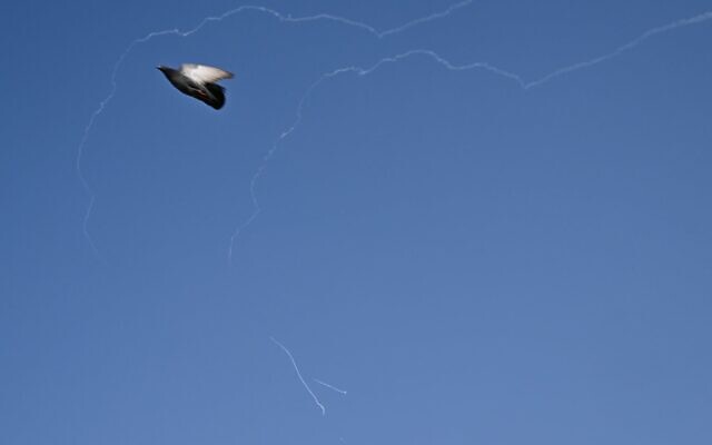 Un pigeon volant alors que les traînées laissées par l'interception d'un projectile iranien sont visibles dans le ciel au-dessus de Dubaï, le 2 mars 2026. (Crédit : Giuseppe Cacace/AFP) Un pigeon volant alors que les traînées laissées par l'interception d'un projectile iranien sont visibles dans le ciel au-dessus de Dubaï, le 2 mars 2026. (Crédit : Giuseppe Cacace/AFP)