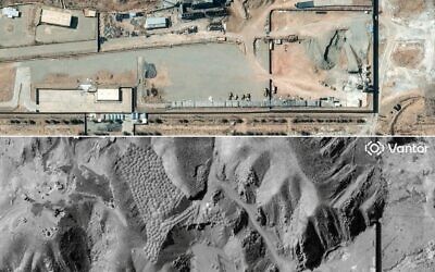 Cette combinaison d'images créée le 11 mars 2026 à partir d'images satellites fournies gracieusement par Vantor montre une vue de l'installation Taleghan 2 du complexe militaire de Parchin, situé à environ 30 km au sud-est de Téhéran, en Iran, le 6 mars 2026 (en haut) et le 11 mars 2026 après les frappes aériennes. (Crédit : image satellite ©2026 Vantor/AFP)