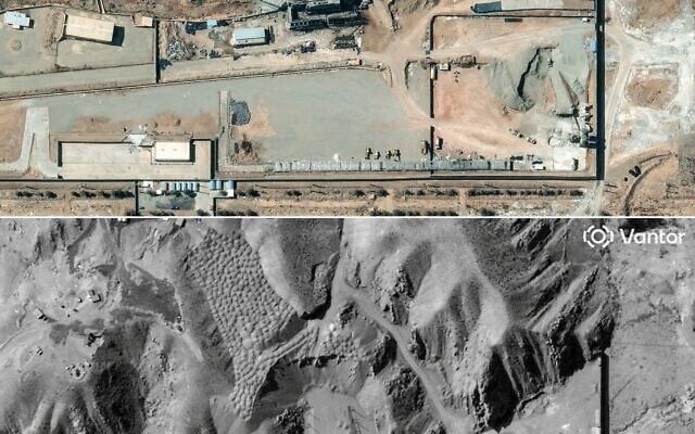 Cette combinaison d'images créée le 11 mars 2026 à partir d'images satellites fournies gracieusement par Vantor montre une vue de l'installation Taleghan 2 du complexe militaire de Parchin, situé à environ 30 km au sud-est de Téhéran, en Iran, le 6 mars 2026 (en haut) et le 11 mars 2026 après les frappes aériennes. (Crédit : image satellite ©2026 Vantor/AFP)