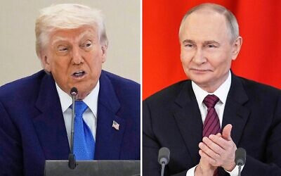 Cette photo composite montre le président américain Donald Trump lors d'une table ronde sur les affaires à Abu Dhabi, aux Émirats arabes unis, le 16 mai 2025, à gauche, et le président russe Vladimir Poutine lors d'une cérémonie de signature au Kremlin à Moscou, le 10 mai 2025. (Crédit : AP Photo, fichiers)