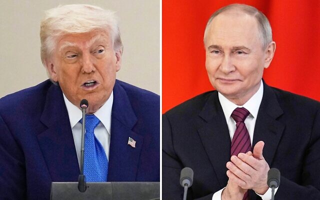 Cette photo composite montre le président américain Donald Trump lors d'une table ronde sur les affaires à Abu Dhabi, aux Émirats arabes unis, le 16 mai 2025, à gauche, et le président russe Vladimir Poutine lors d'une cérémonie de signature au Kremlin à Moscou, le 10 mai 2025. (Crédit : AP Photo, fichiers)