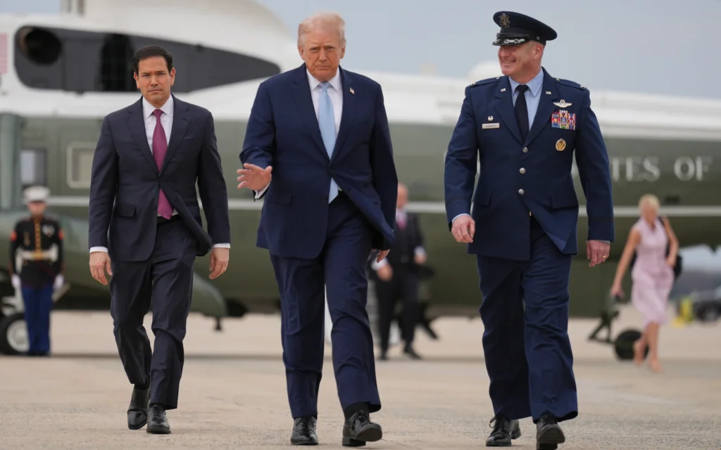 Le président américain Donald Trump (au centre) se dirige vers Air Force One, à la base militaire d’Andrews, dans le Maryland, le 20 mars 2026. (Crédit : Mark Schiefelbein/AP) Le président américain Donald Trump (au centre) se dirige vers Air Force One, à la base militaire d’Andrews, dans le Maryland, le 20 mars 2026. (Crédit : Mark Schiefelbein/AP)