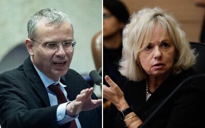 Montage photos (de gauche à droite) : Le ministre de la Justice Yariv Levin s'exprimant à la Knesset, à Jérusalem, le 7 janvier 2026 ; la procureure générale, Gali Baharav-Miara, lors d'une réunion de la commission de la Constitution, du Droit et de la Justice à la Knesset, le 30 septembre 2025. (Crédits : Yonatan Sindel/Flash90 ; Oren Ben Hakoon/Flash90)