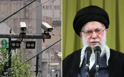 Des caméras de surveillance dans une rue de Téhéran, en Iran, le 10 avril 2023. (Atta Kenare/ AFP/ File) ; Le Guide suprême, l'ayatollah Ali Khamenei, prend la parole lors d'une réunion à Téhéran, le 1er février 2026, à l'occasion du 47e anniversaire de la Révolution islamique de 1979. (Bureau du Guide suprême iranien via AP)