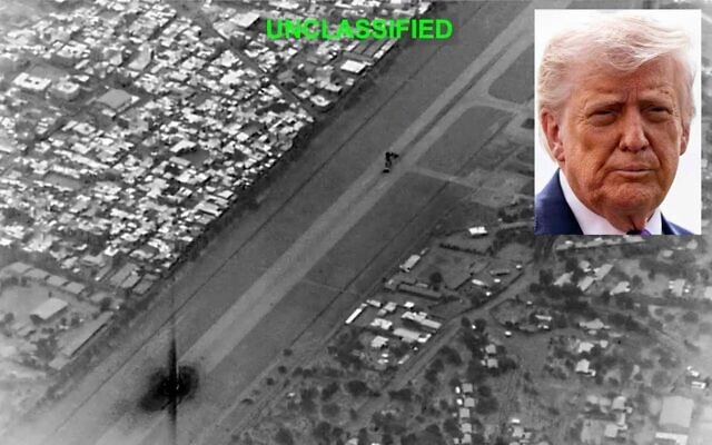 Les frappes sur l'île de Kharg, en Iran, le 13 mars 2026 ; le président américain Donald Trump s'adressant aux journalistes, devant la Maison Blanche, le 11 mars 2026. (Crédits : CENTCOM ; Alex Brandon/AP Photo)