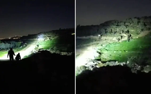 Des extrémistes juifs attaquant, à priori, le village d'Abu Falah, en Cisjordanie, le 8 mars 2026. (Crédit : Capture d'écran vidéo/X ; utilisée conformément à la clause 27a de la loi sur le droit d'auteur)